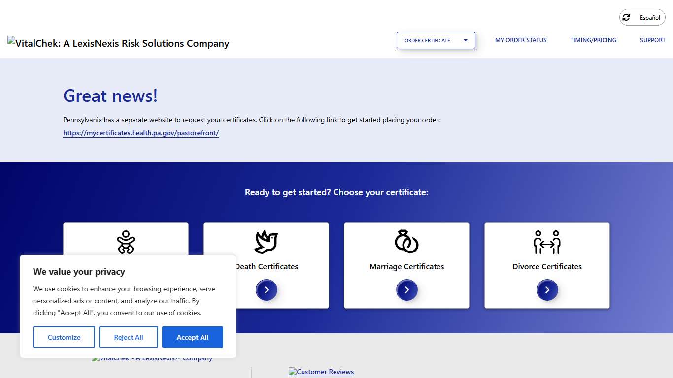 Pennsylvania (PA) Vital Records State Certificates - VitalChek